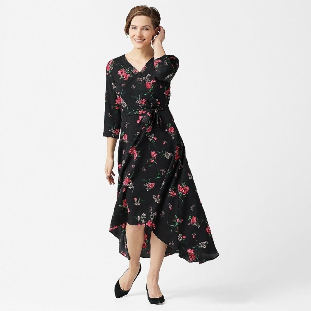 Laurie Felt Hi Low Hem Wrap Black Floral Dress Size Medium Summer QVC